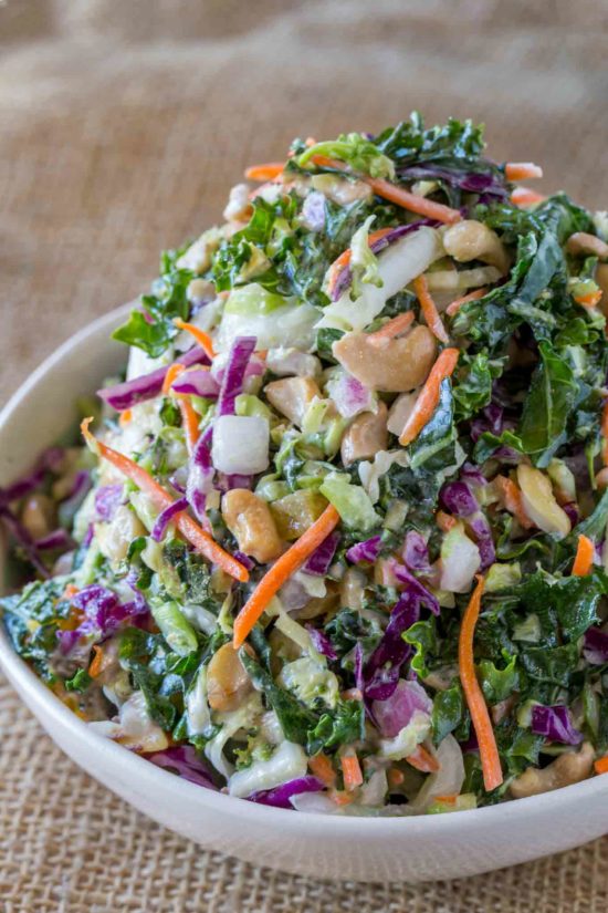 Cashew Kale Salad with a lemony greek yogurt dressing is a fantastic filling lunch option that takes just a few minutes to make!