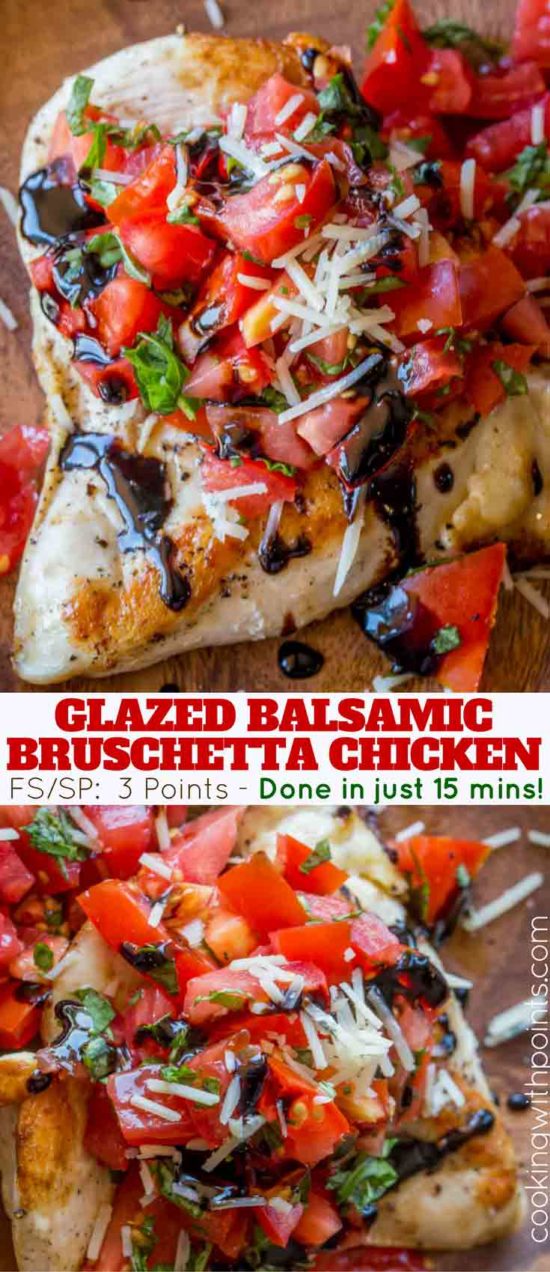 Balsamic Bruschetta Chicken with a fresh tomato, basil, garlic and Parmesan topping with a delicious balsamic glaze. Delicious and easy with just 3 freestyle and 7 points plus points per serving.