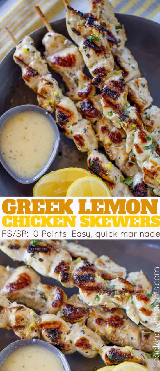 Lemon Greek Chicken Skewers with greek yogurt and lemon marinade is a quick and easy 0 point chicken dish perfect as a main course or for salads and sandwiches.