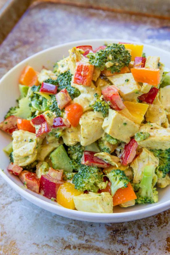 Mango Curry Chicken Salad made with a curried greek yogurt dressing is a ZERO point salad you'll want for lunch every day and its fuss free since it's served cold.