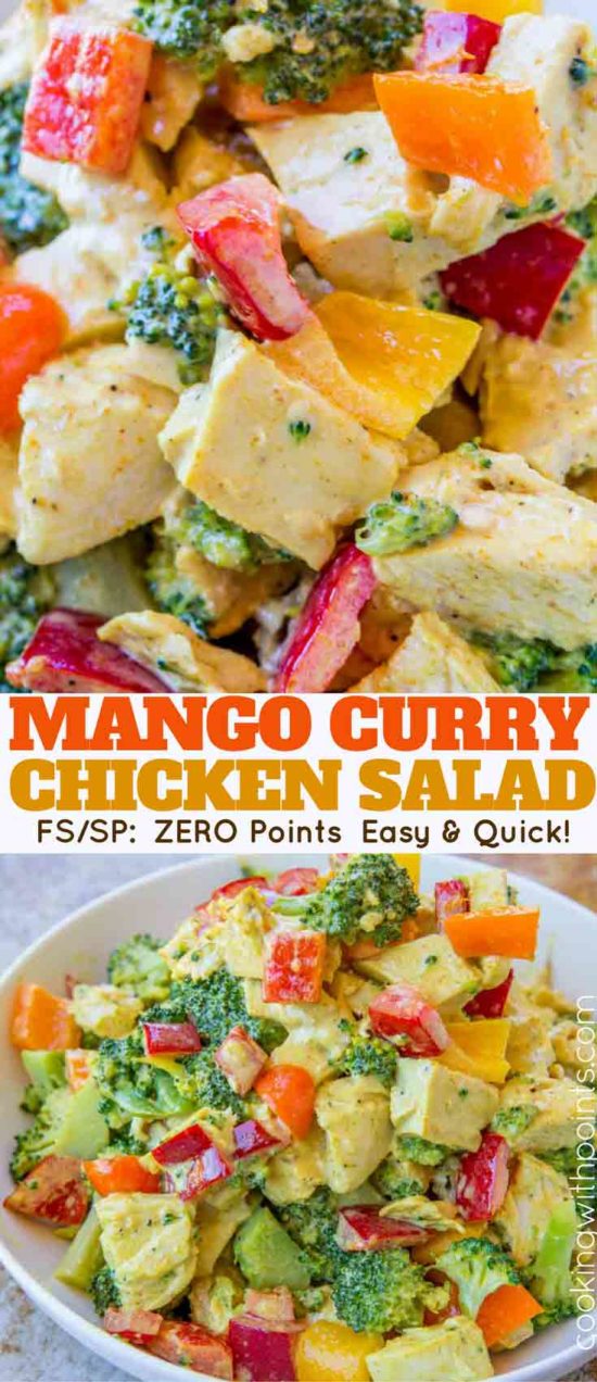 Mango Curry Chicken Salad made with a curried greek yogurt dressing is a ZERO point salad you'll want for lunch every day and its fuss free since it's served cold.