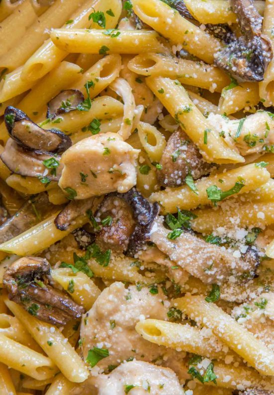 Weight Watchers friendly Chicken and Mushroom Cream Pasta you will LOVE with Parmesan Cheese and ff half and half.