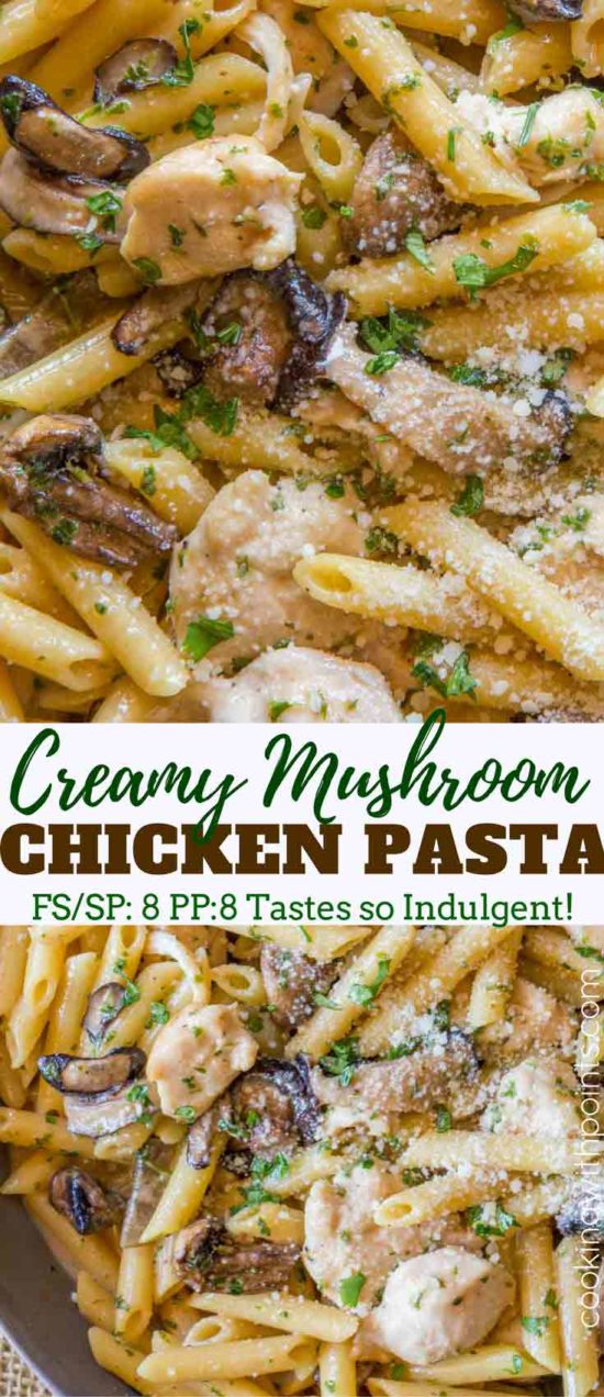 Weight Watchers Chicken and Mushroom Cream Pasta with shallots and shiitake mushrooms in a creamy sauce topped with Parmesan cheese that's guilt free!