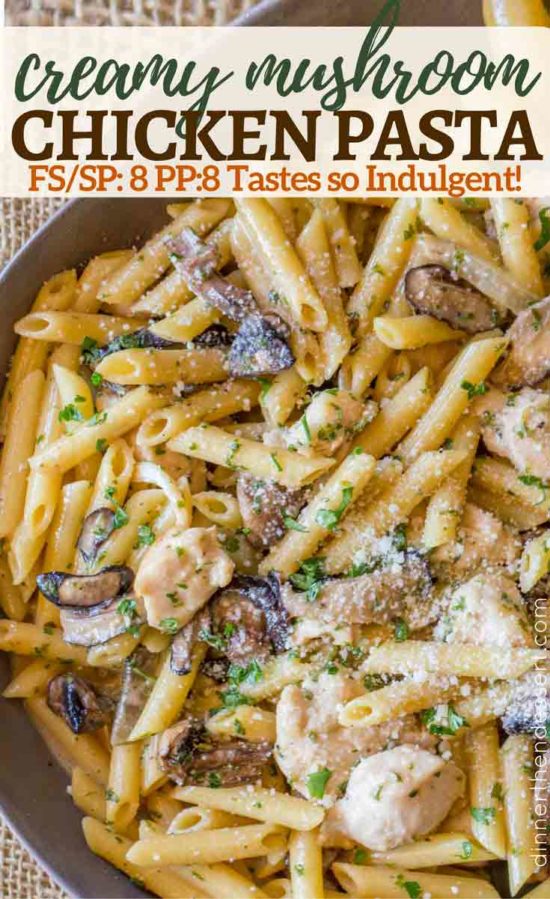 Weight Watchers friendly Chicken and Mushroom Cream Pasta with a full plate of pasta and cream sauce for just 8 smart points!