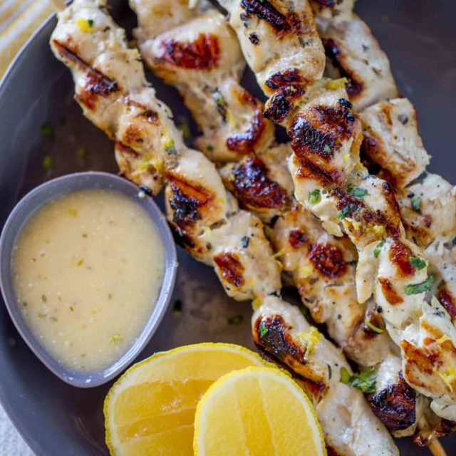 Lemon Greek Chicken Skewers with greek yogurt and lemon marinade is a quick and easy 0 point chicken dish perfect as a main course or for salads and sandwiches.