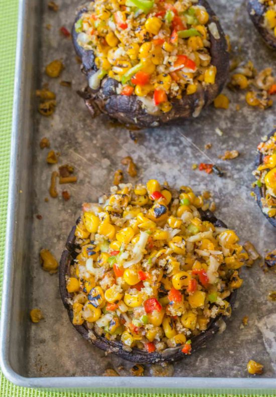 Mexican Stuffed Portabello Mushrooms with roasted corn, bell peppers, pepper jack cheese and spiced breadcrumbs.