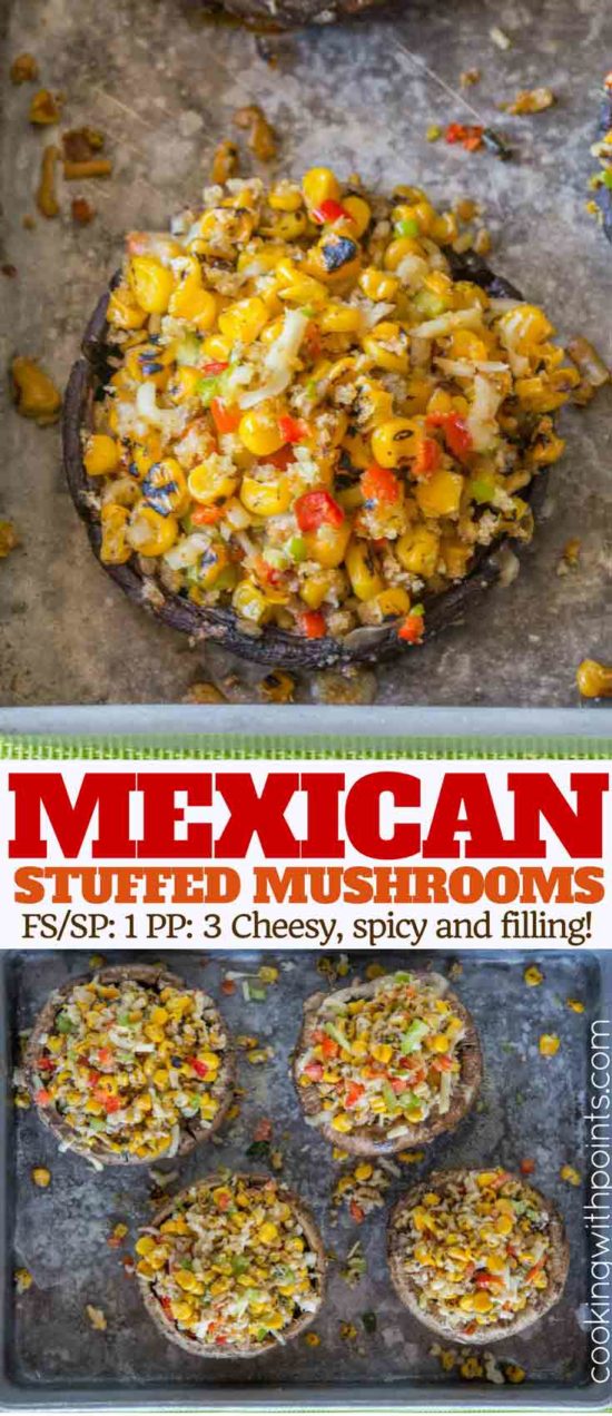 Mexican Stuffed Portabello Mushrooms with roasted corn, bell peppers, pepper jack cheese and spiced breadcrumbs. 1 smart point and 3 points plus points.