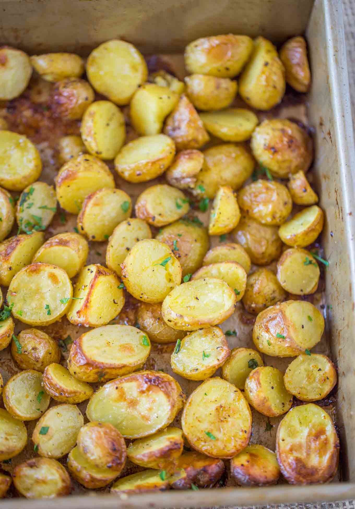 Roasted potatoes in pan