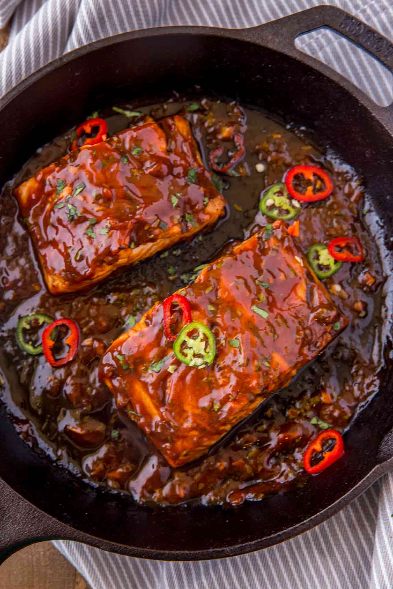 Thai Chili BBQ Salmon in grill pan