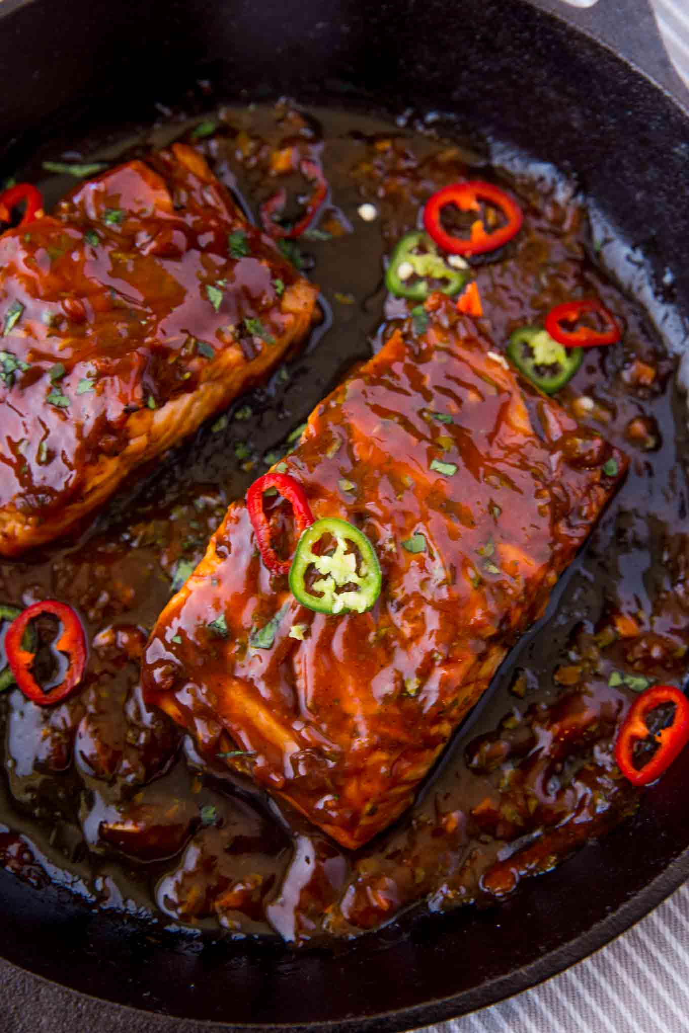 Thai Chili Salmon in pan with chilis