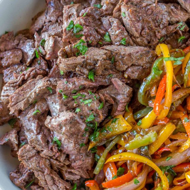 Carne Asada with bell peppers in bowl