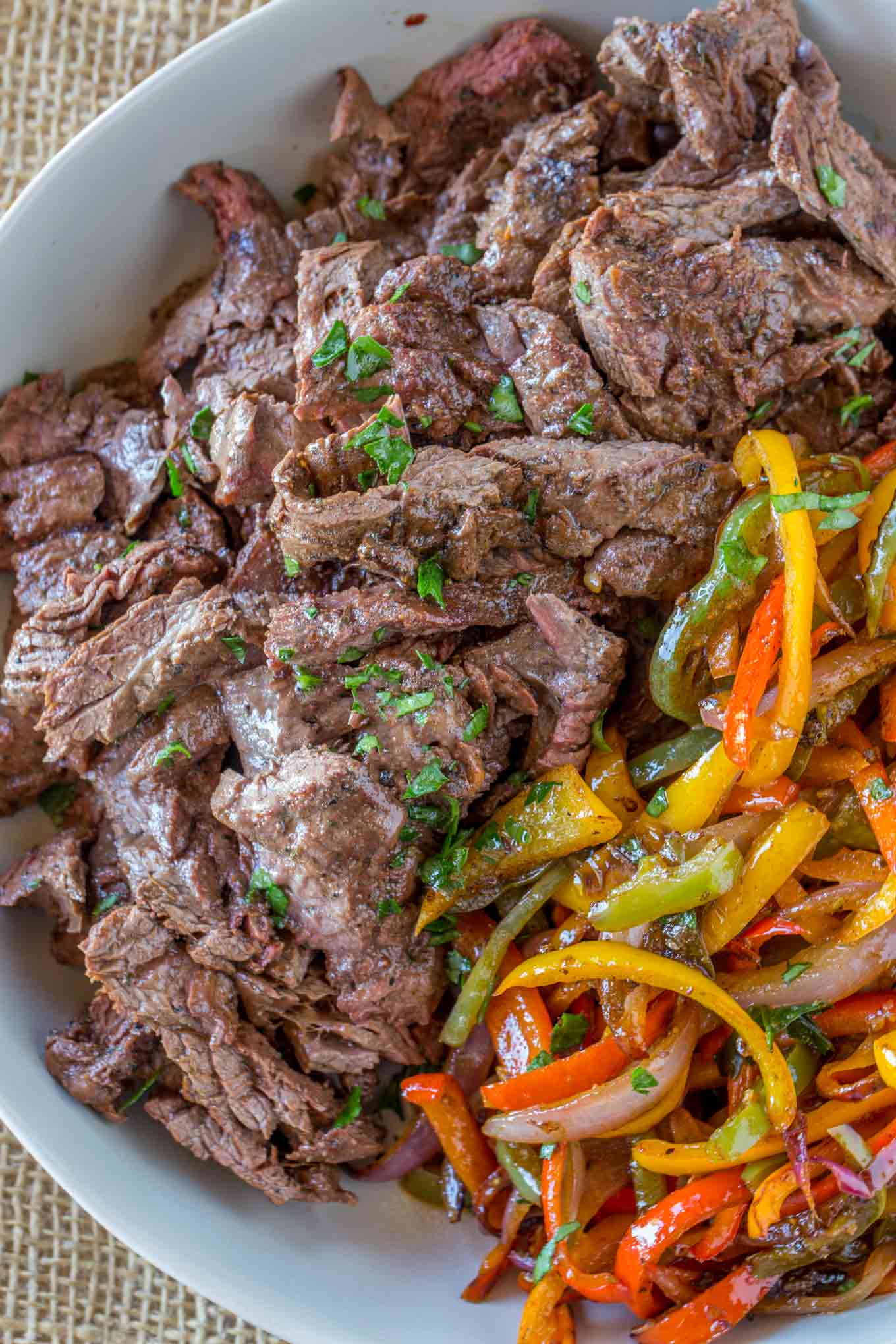 Carne Asada with bell peppers in bowl