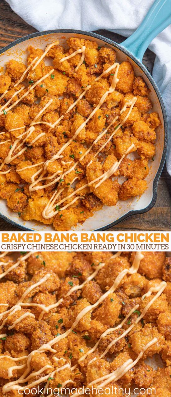 Baked bang bang chicken in a blue pan with spicy mayo