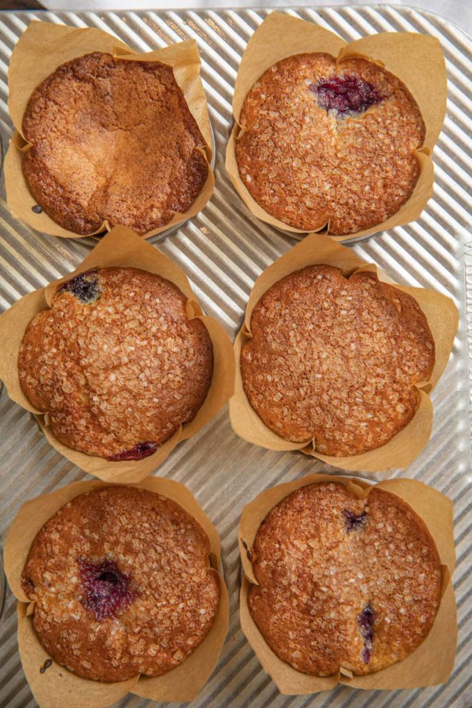 healthy blueberry muffins on baking sheet