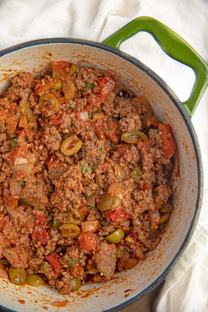 Cuban Picadillo in a green pan