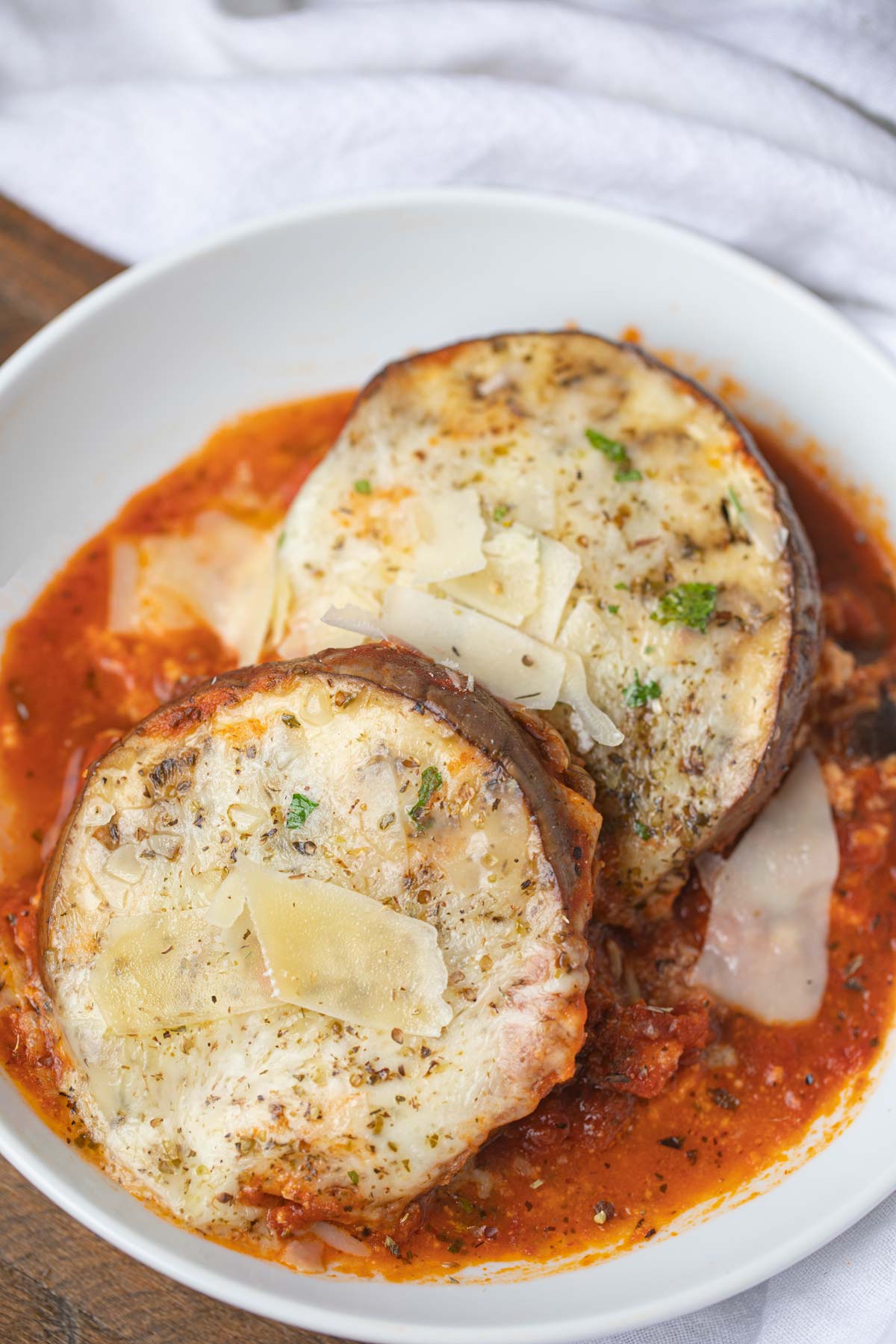 Serving of Eggplant Lasagna in white bowl