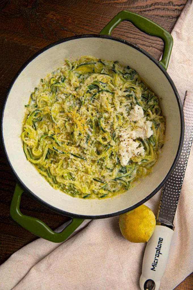 Lemon Ricotta Zoodles in green pot