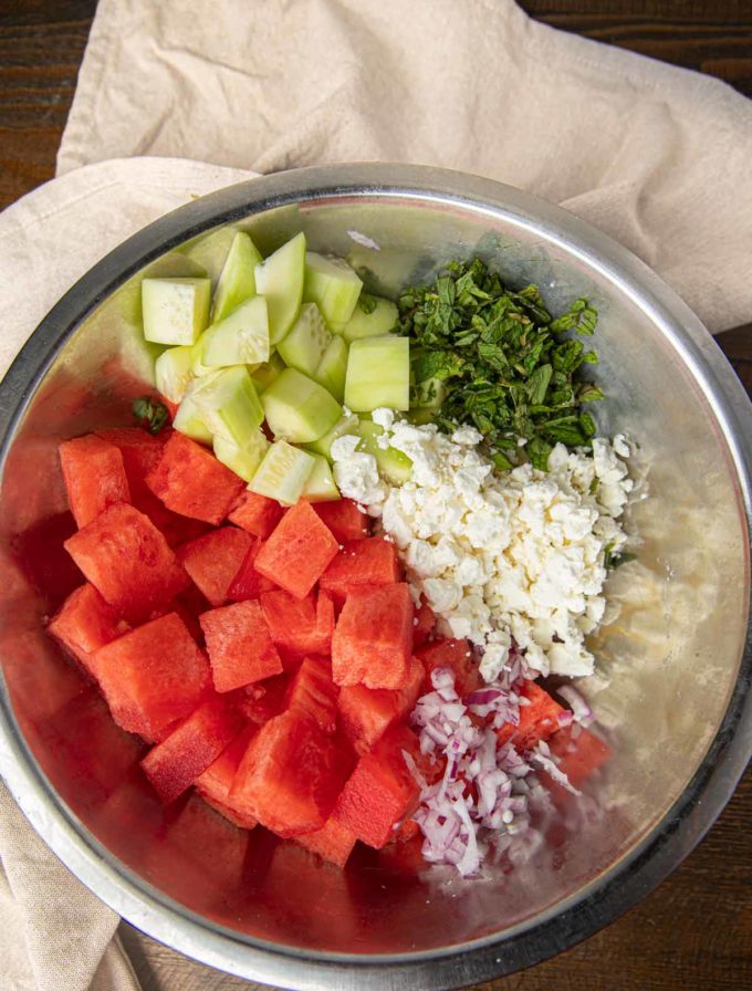 Watermelon Salad Ingredients in metal bowl