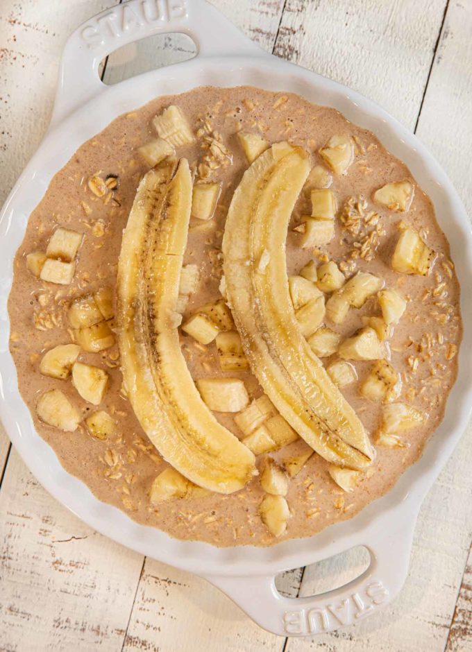 Banana Baked Oatmeal in pie plate before baking