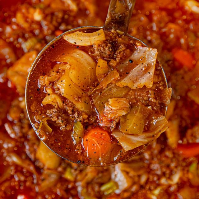 Beef and Cabbage Roll Soup in Ladle