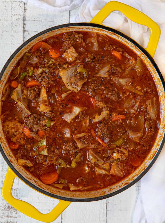 Beef and Cabbage Roll Soup in dutch oven