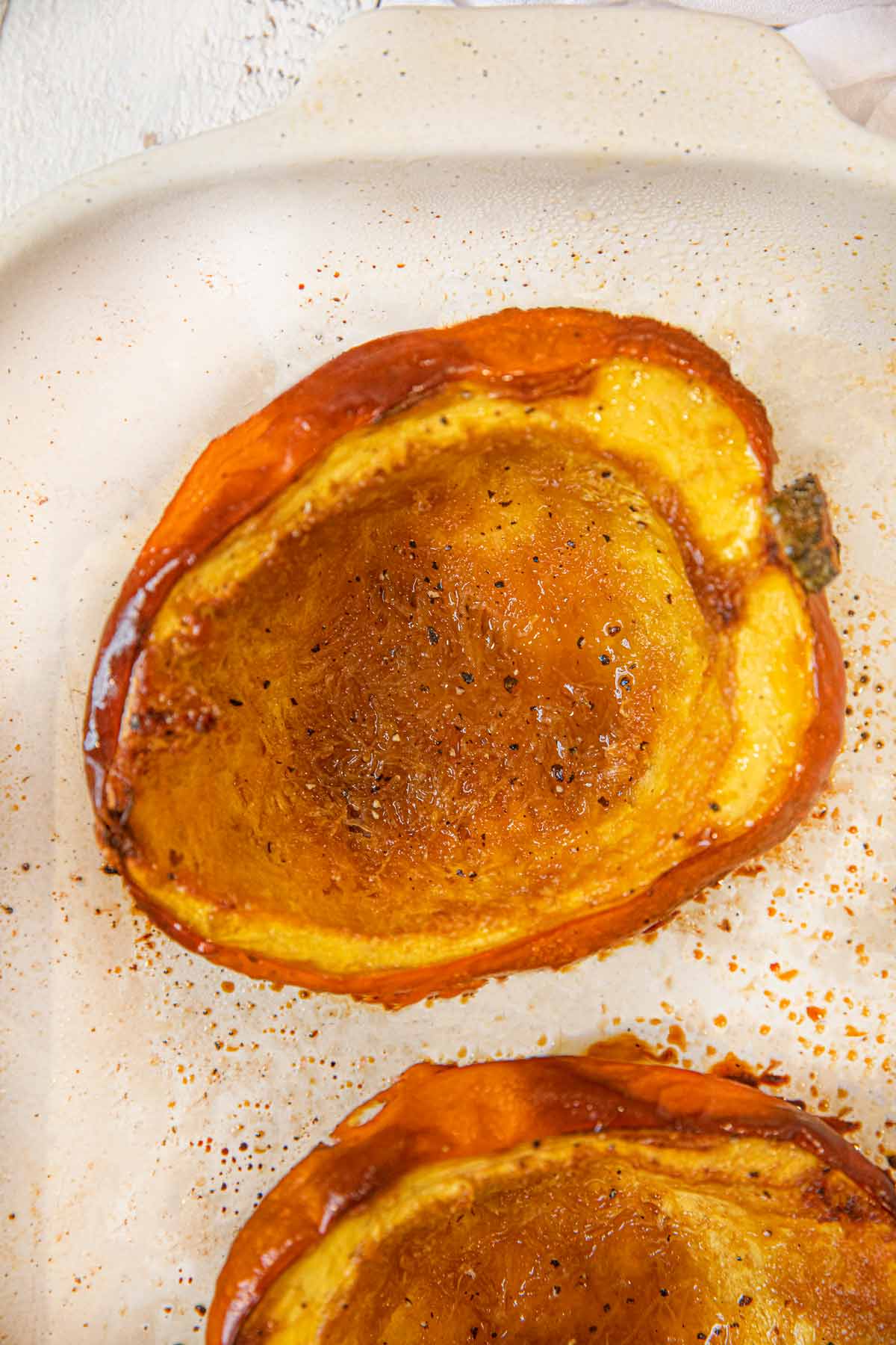 Brown Sugar Acorn Squash roasted in baking dish