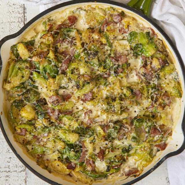 Turkey Bacon Brussels Sprouts Gratin in skillet