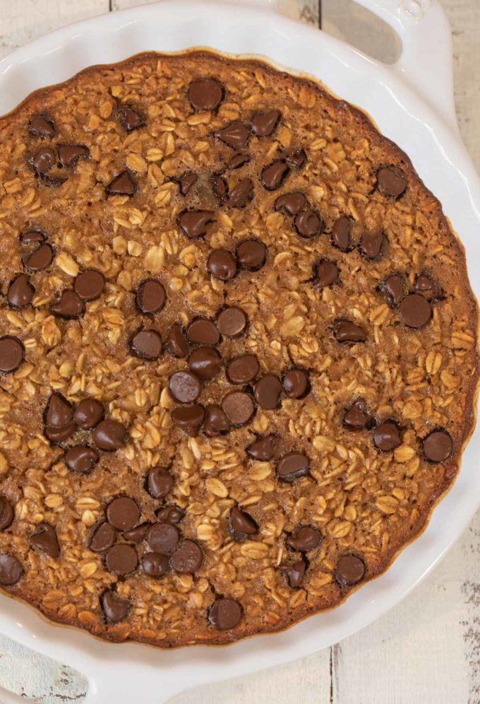 Chocolate Chip Baked Oatmeal in pie plate top-down view