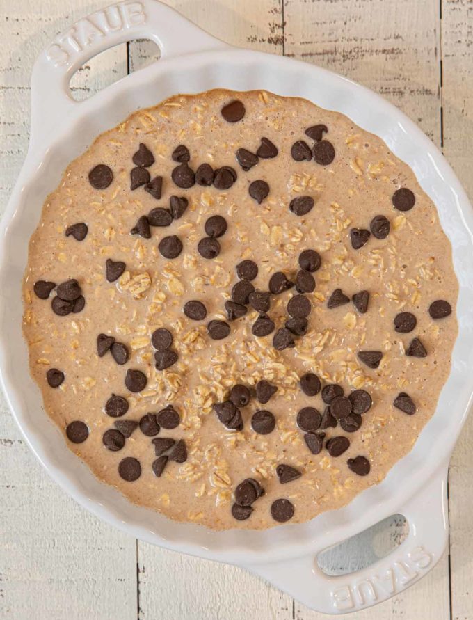 Chocolate Chip Baked Oatmeal in pie plate before cooking