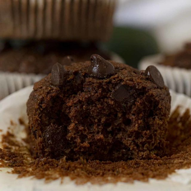 Healthy Chocolate Zucchini Muffins with bite removed