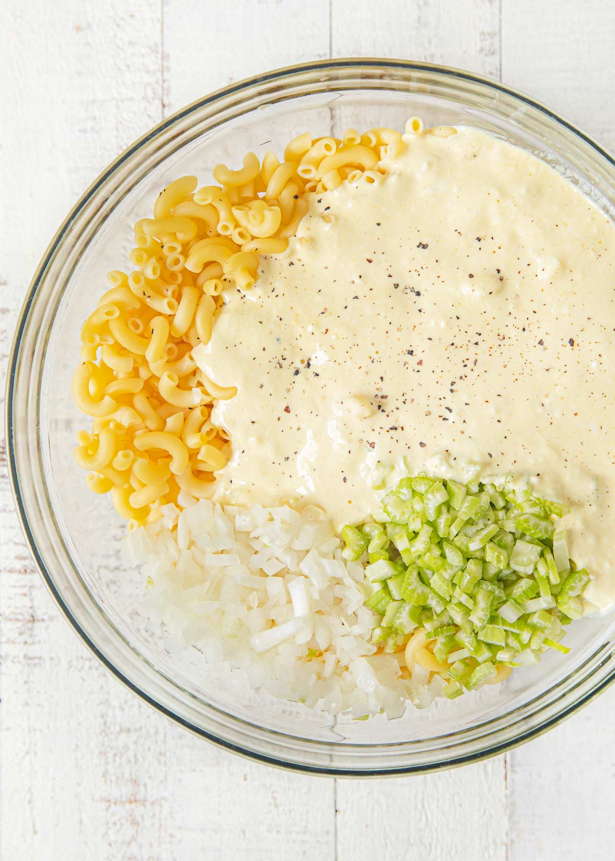 Healthy Macaroni Salad ingredients in bowl