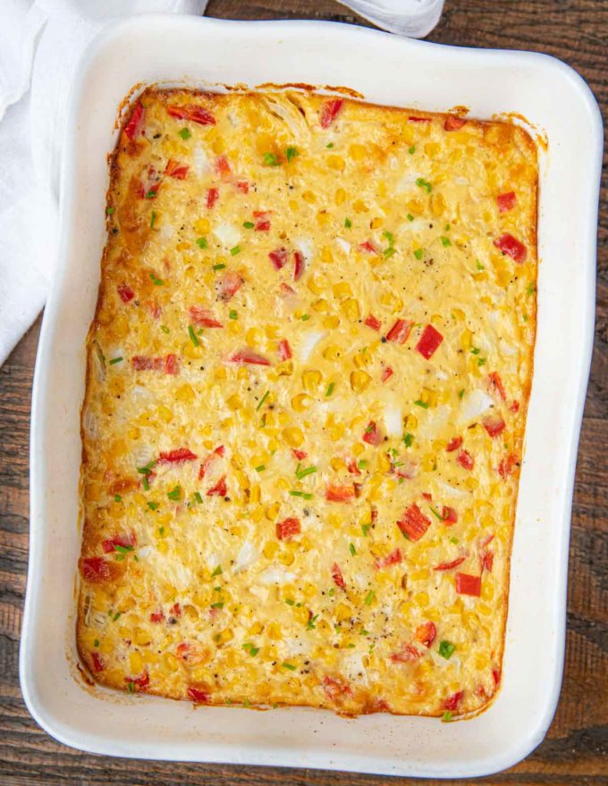 Healthy Swiss Corn Casserole in baking dish