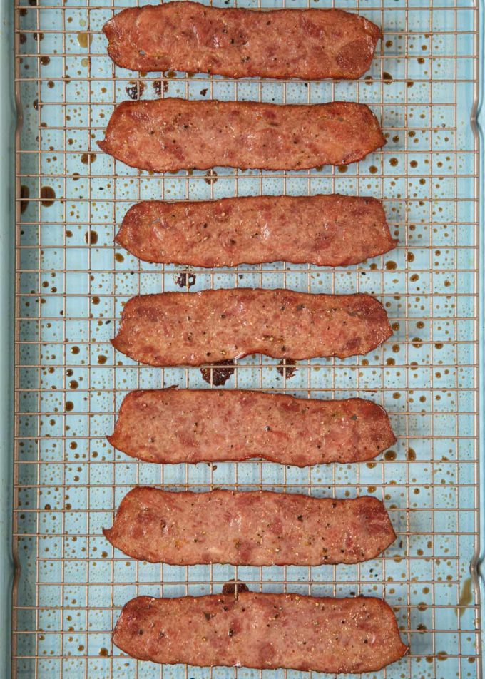 Oven Baked Turkey Bacon on rack after cooking
