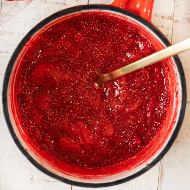 Strawberry Chia Jam in red saucepan