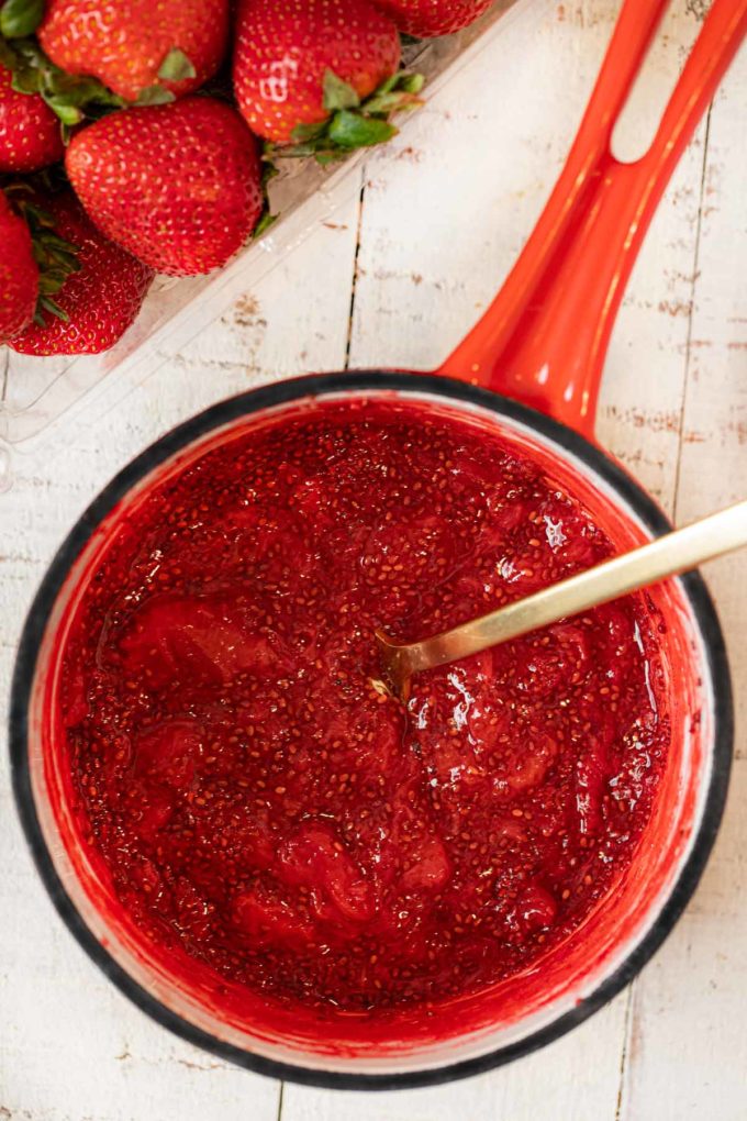 Strawberry Chia Jam in red saucepan