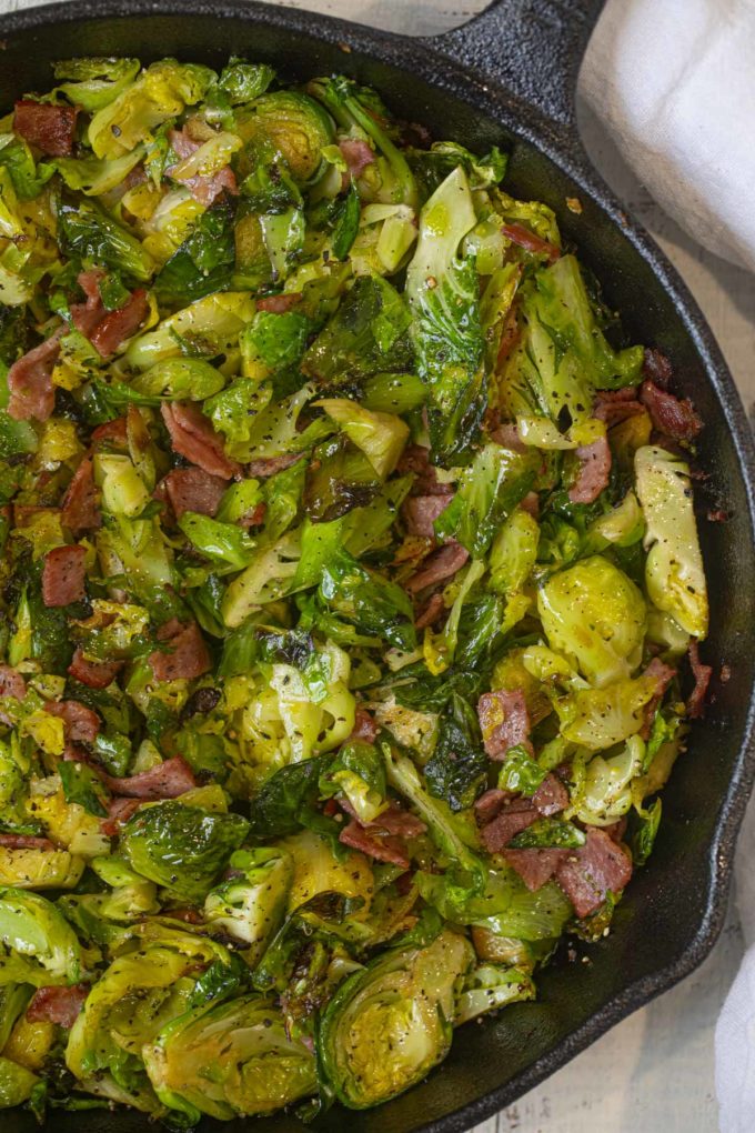 Crispy skillet Brussels Sprouts with Turkey Bacon