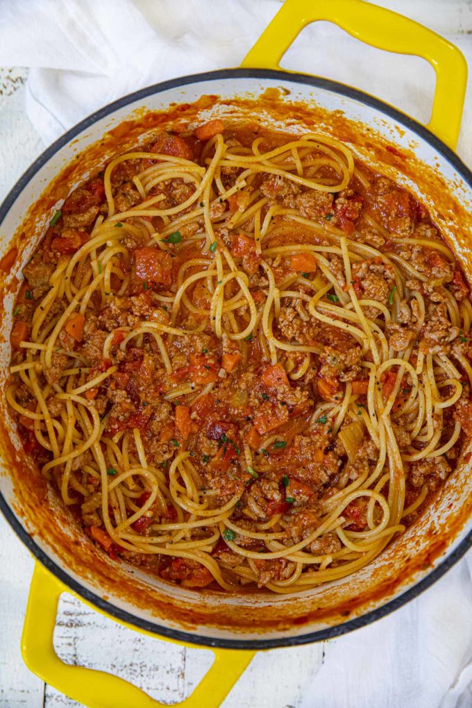 Turkey Bolognese in yellow dutch oven