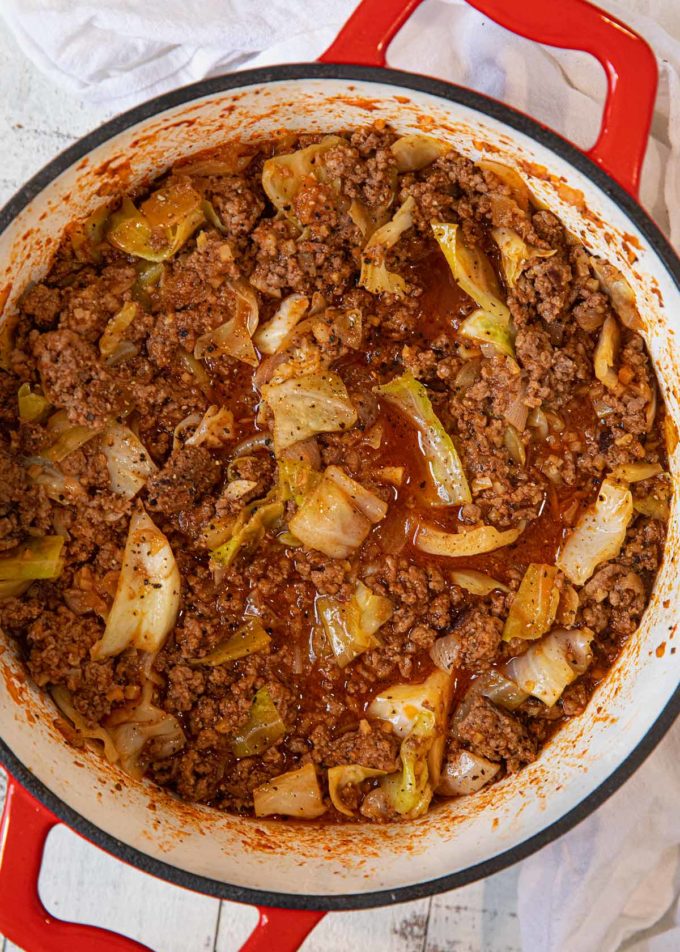 Unstuffed Beef and Cabbage in red dutch oven