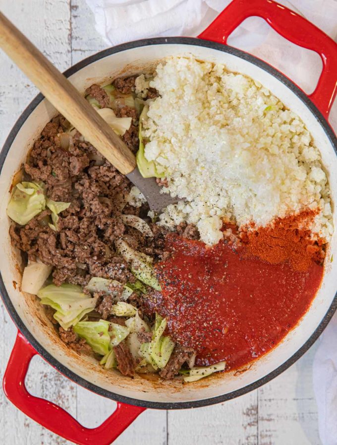 Unstuffed Beef and Cabbage ingredients in pot