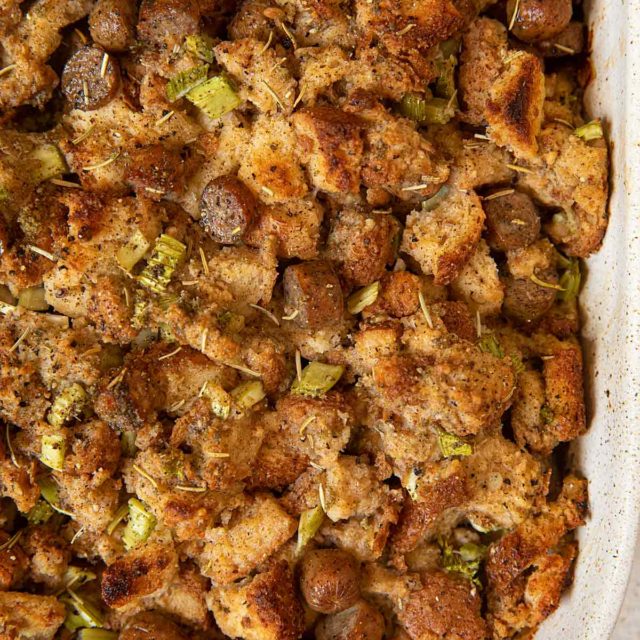 Whole Wheat Chicken Sausage Stuffing in baking dish, top-down view