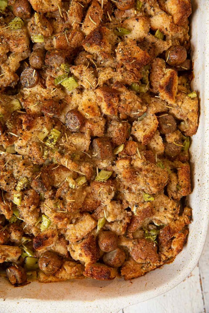 Whole Wheat Chicken Sausage Stuffing in baking dish, top-down view