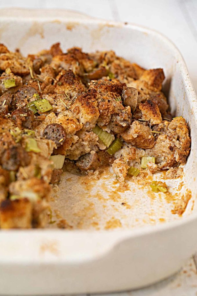 Whole Wheat Chicken Sausage Stuffing in baking dish with serving removed