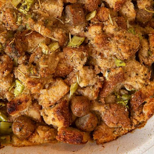 Whole Wheat Chicken Sausage Stuffing in baking dish