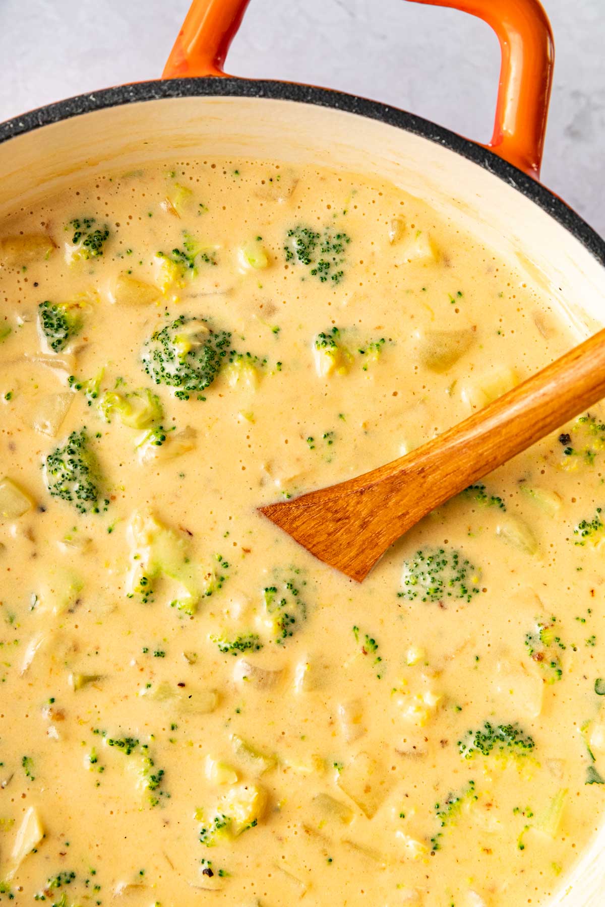 Healthy Broccoli Cheese Soup in pot