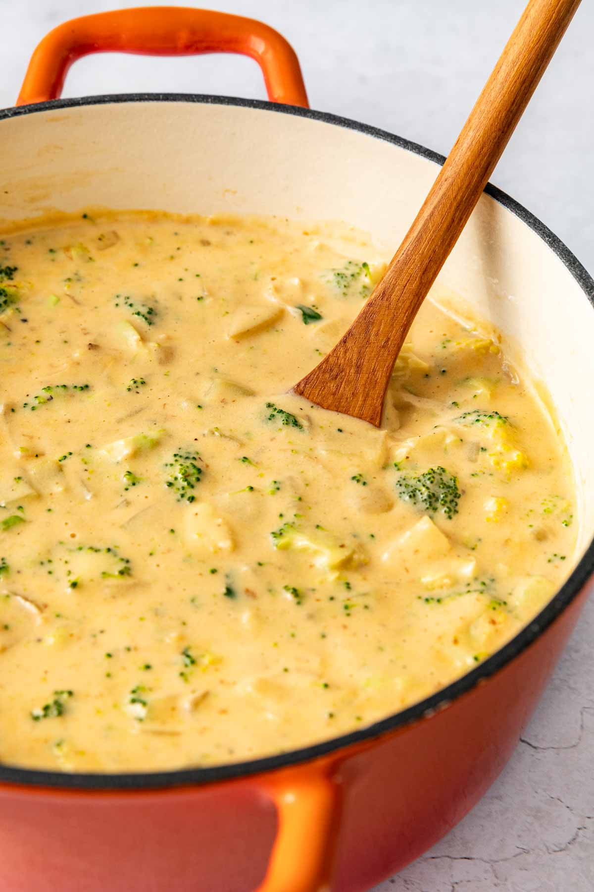Healthy Broccoli Cheese Soup in pot
