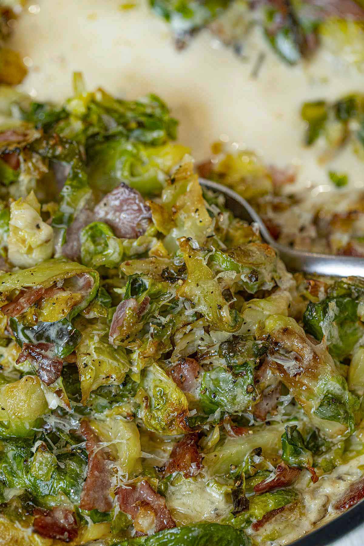 Spoonful of Brussels Sprouts Gratin with Turkey Bacon