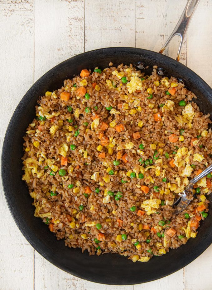 Cauliflower Fried Rice with egg in pan