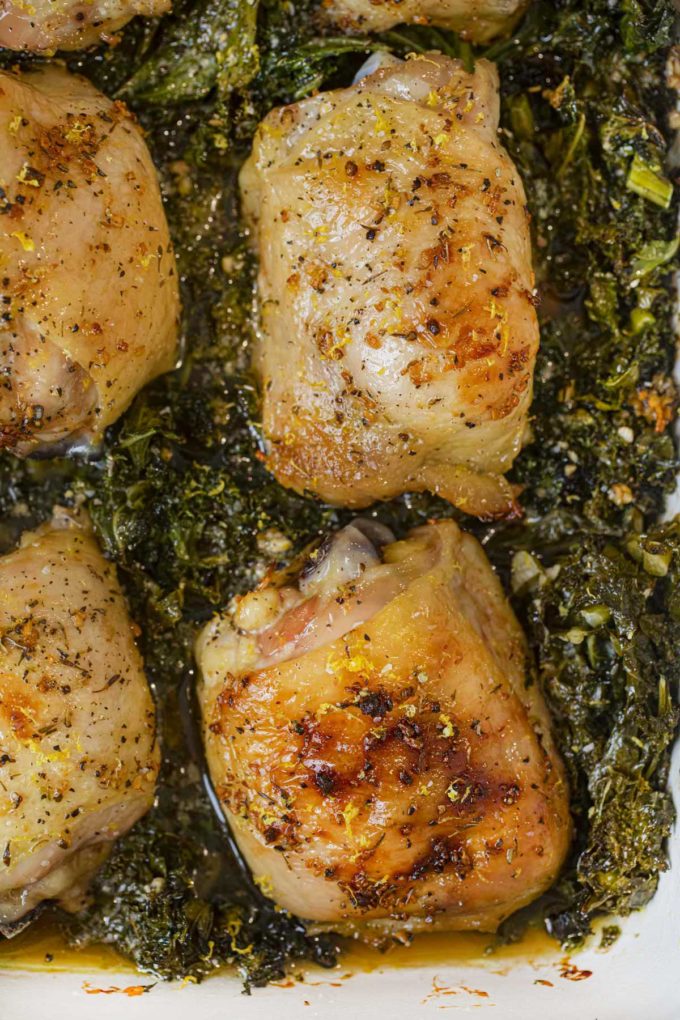 Garlic Lemon Baked Chicken Thighs with Kale