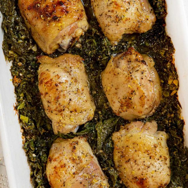 Garlic Braised Chicken and Kale in baking dish