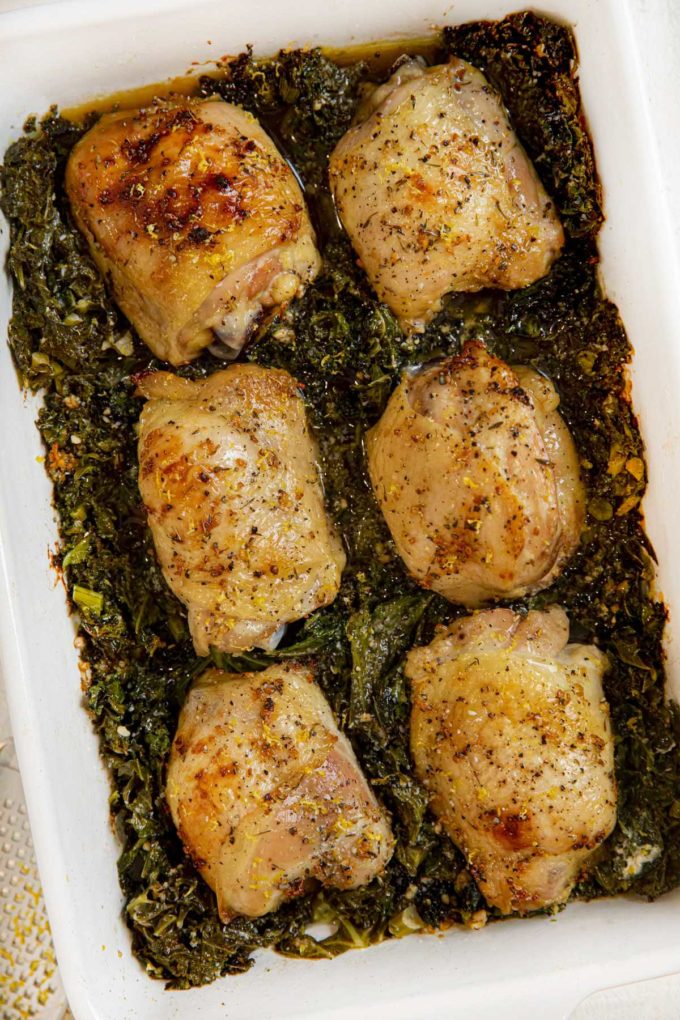 Garlic Braised Chicken and Kale in baking dish